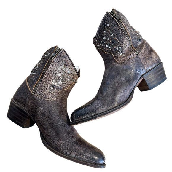 Frye Vintage Brown Leather Deborah Studded Western Ankle Boots - Picture 5 of 10